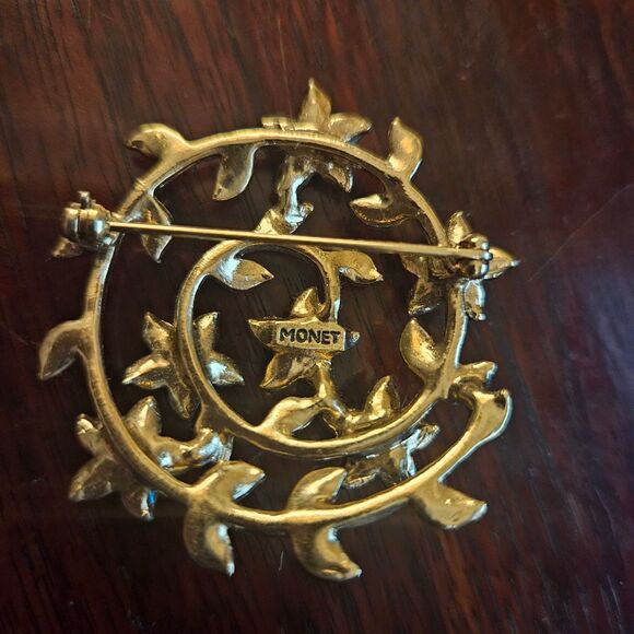 1967 Monet Signed Spring Spiral Floral Gold Plated Brooch with Rhinestones - Picture 3 of 8